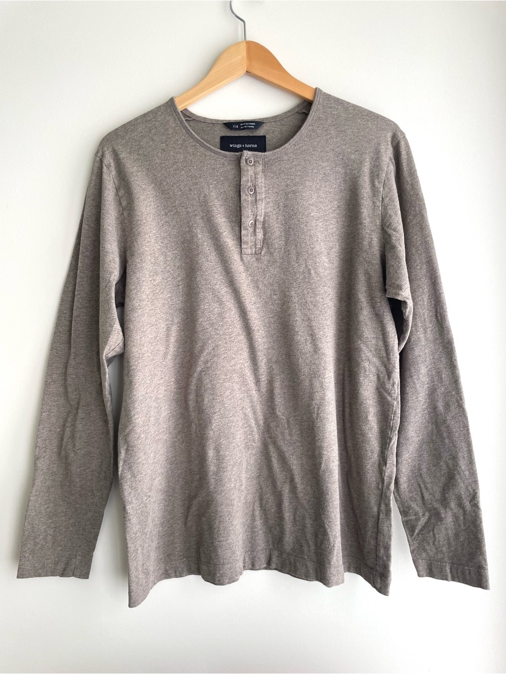 Wings + Horns Men's 100% Cotton Long-Sleeve Henley in Taupe Gray